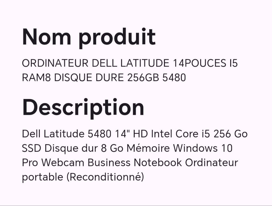ORDINATEUR DELL LATITUDE 14 POUCES I5 RAM8 DISQUE DURE 256GB 5480 ORDINATEUR DELL LATITUDE 14 POUCES I5 RAM8 DISQUE DURE 256GB 5480