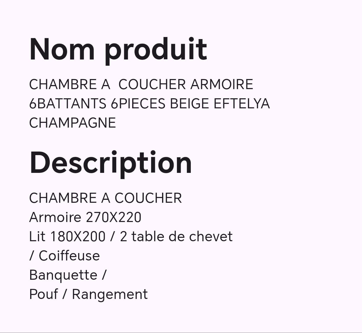 CHAMBRE A COUCHER ARMOIR 6BATTANTS 6PIECES BEIGE EFTELYA CHAMPAGNE CHAMBRE A COUCHER ARMOIR 6BATTANTS 6PIECES BEIGE EFTELYA CHAMPAGNE