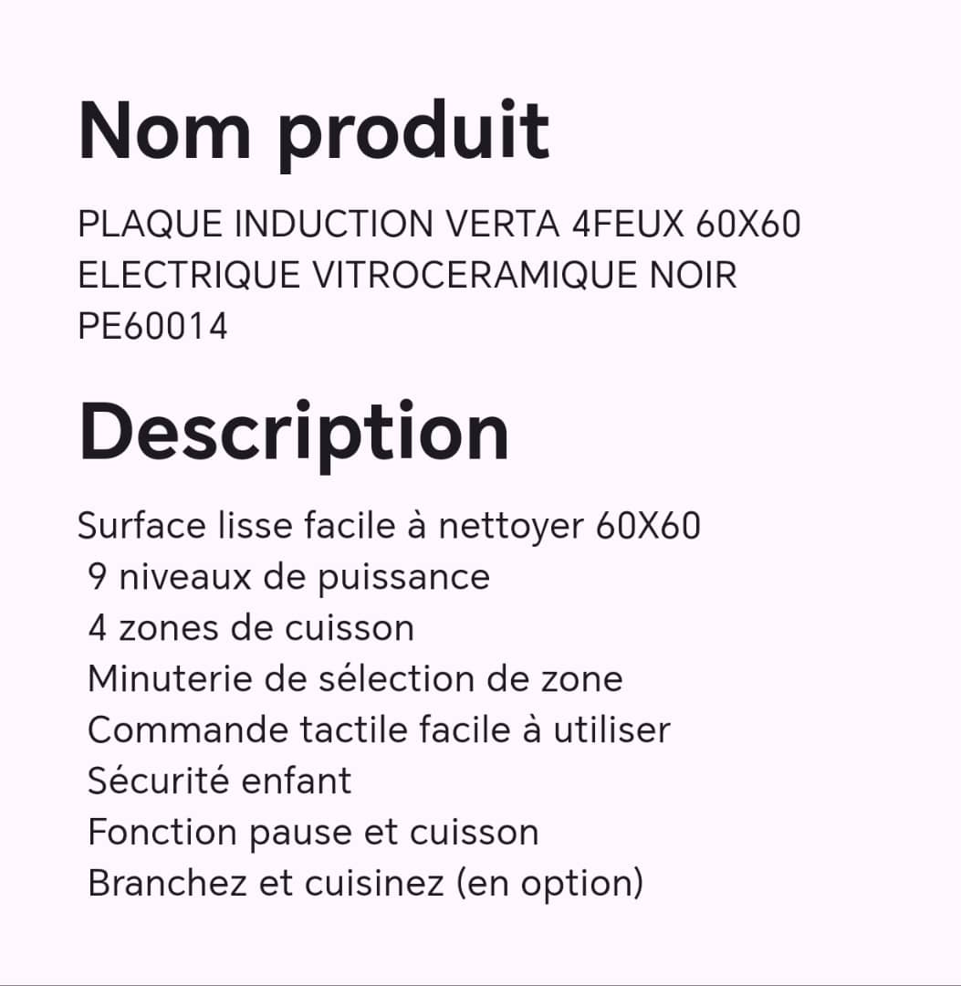 PLAQUE INDUCTION VERTA 4FEUX 60X60 ELECTRIQUE VITROCERAMIQUE NOIR PE60014 PLAQUE INDUCTION VERTA 4FEUX 60X60 ELECTRIQUE VITROCERAMIQUE NOIR PE60014