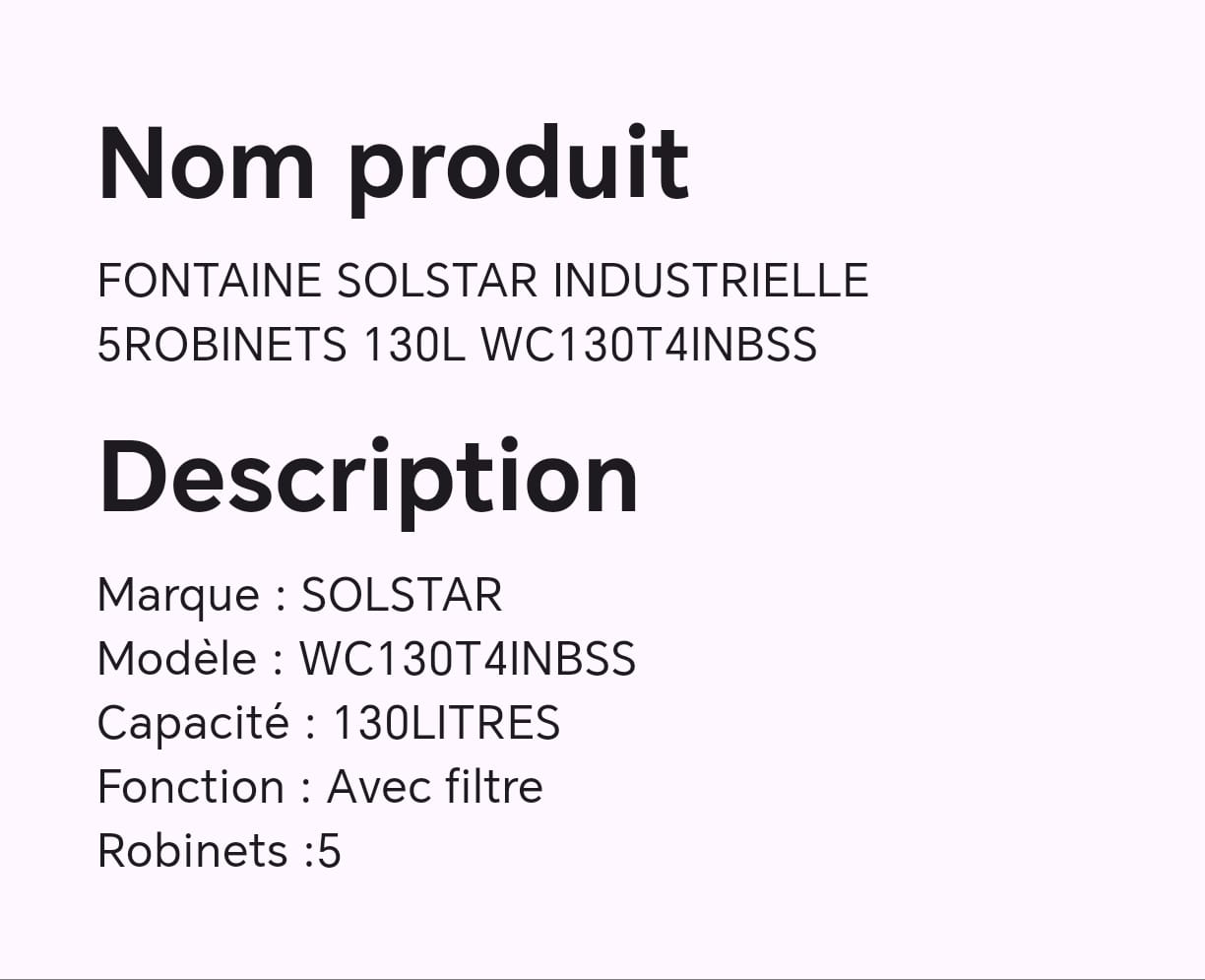 FONTAINE SOLSTAR INDUSTRIELLE 5ROBINETS 130L WC130T4INBSS FONTAINE SOLSTAR INDUSTRIELLE 5ROBINETS 130L WC130T4INBSS