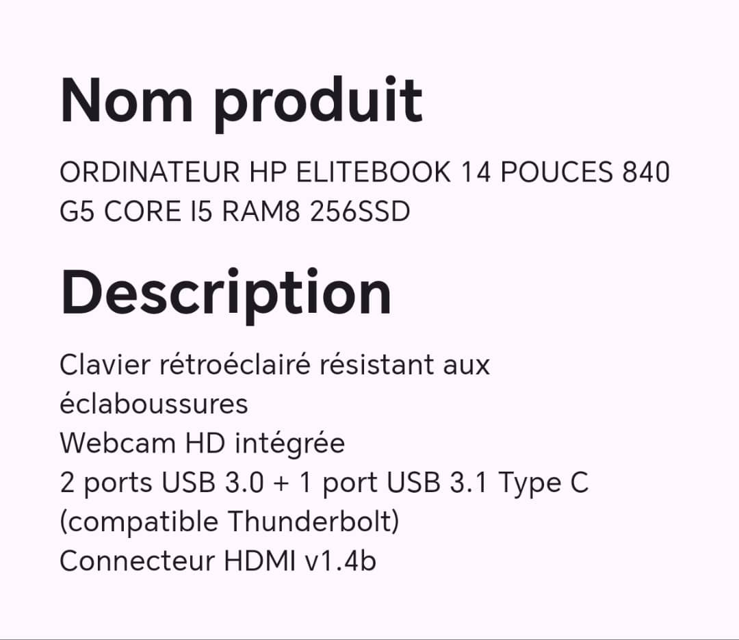ORDINATEUR HP ELITEBOOK 14 POUCES 840 G5 CORE I5 RAM8 256SSD ORDINATEUR HP ELITEBOOK 14 POUCES 840 G5 CORE I5 RAM8 256SSD