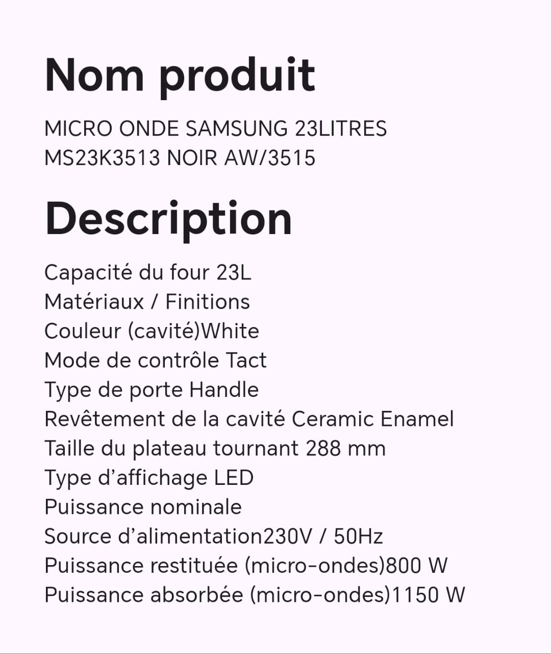 MICRO ONDE SAMSUNG 23LITRES MS23K3512 NOIR AW/3515 MICRO ONDE SAMSUNG 23LITRES MS23K3512 NOIR AW/3515