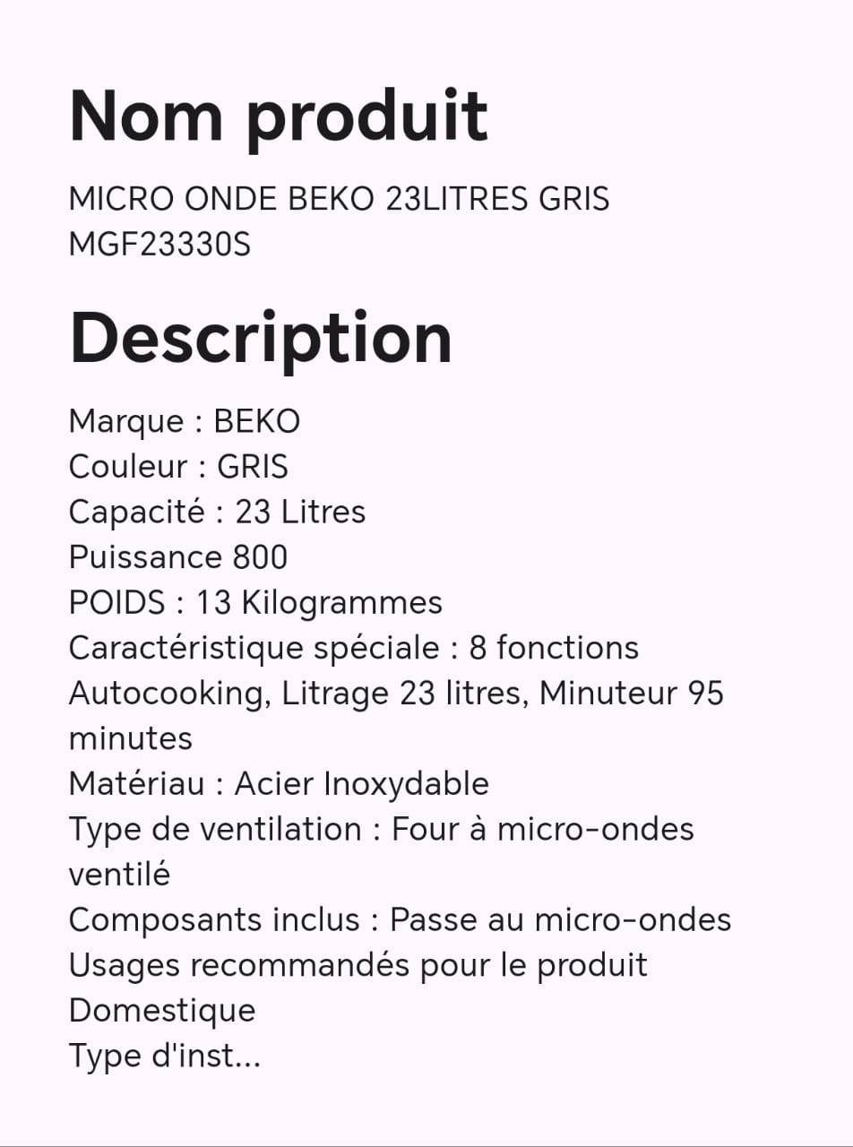 MICRO ONDE BEKO 23LITRES GRIS MGF2333S MICRO ONDE BEKO 23LITRES GRIS MGF2333S