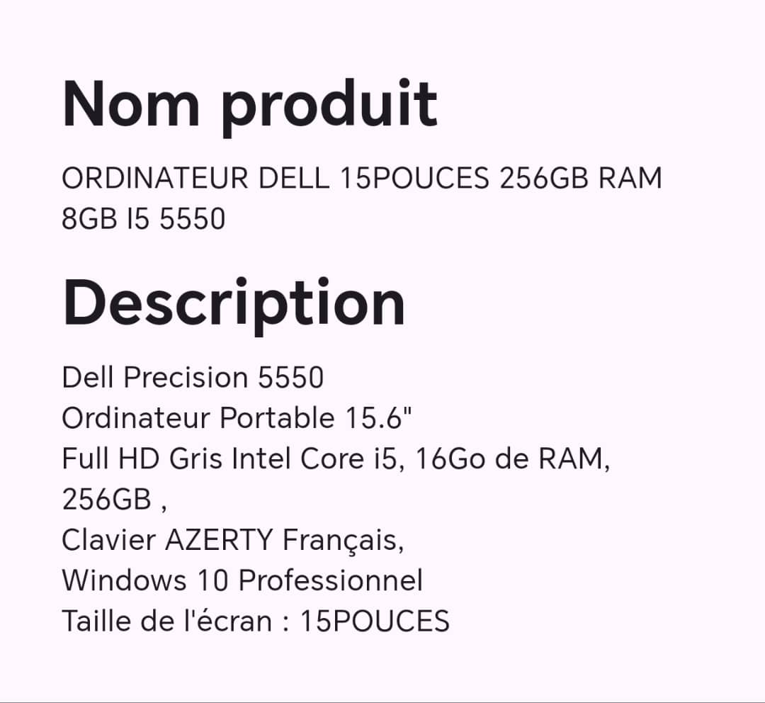 ORDINATEUR DELL 15POUCES 256GB RAM 8GB I5 5550 ORDINATEUR DELL 15POUCES 256GB RAM 8GB I5 5550