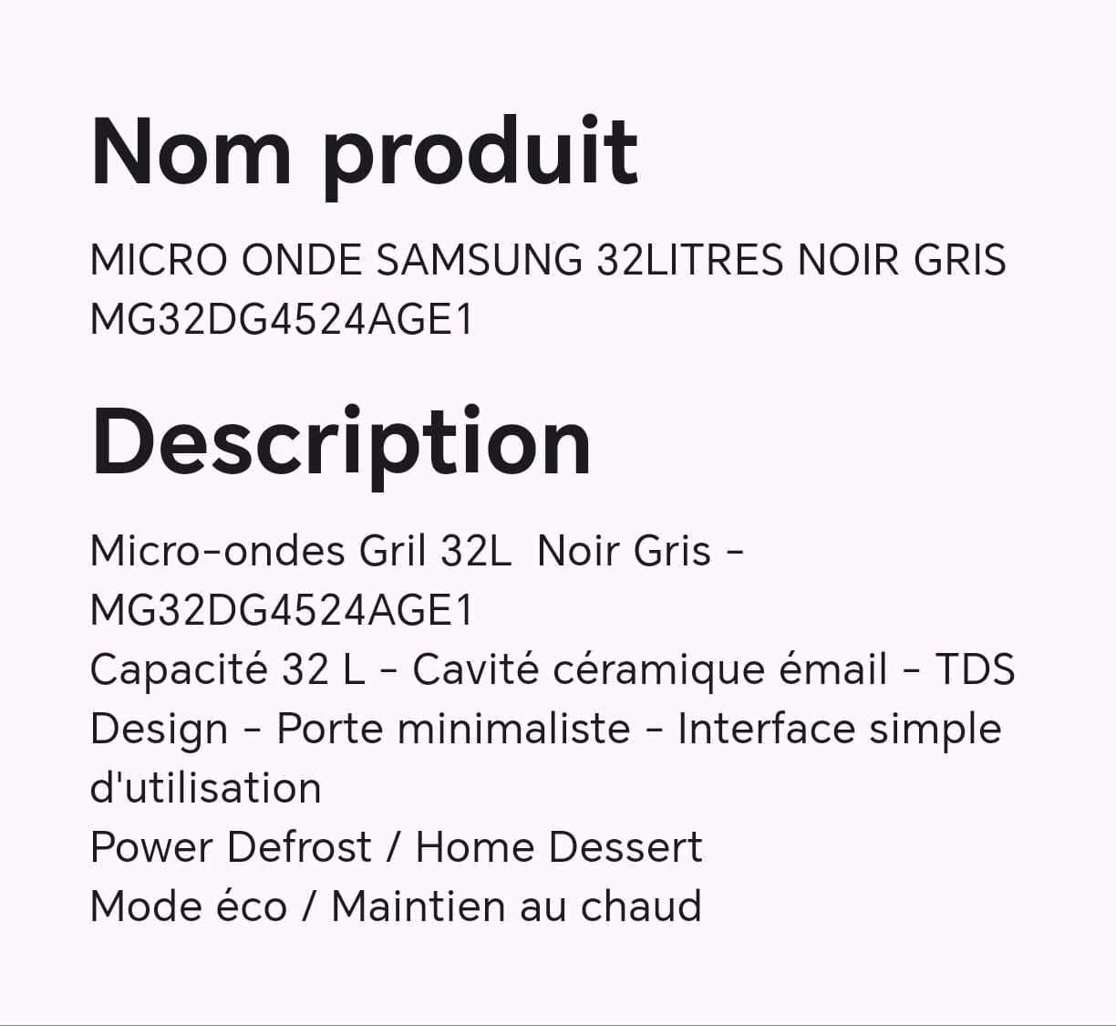 MICRO ONDE SAMSUNG 32LITRES NOIR GRIS MG32DG4524AGE1 MICRO ONDE SAMSUNG 32LITRES NOIR GRIS MG32DG4524AGE1