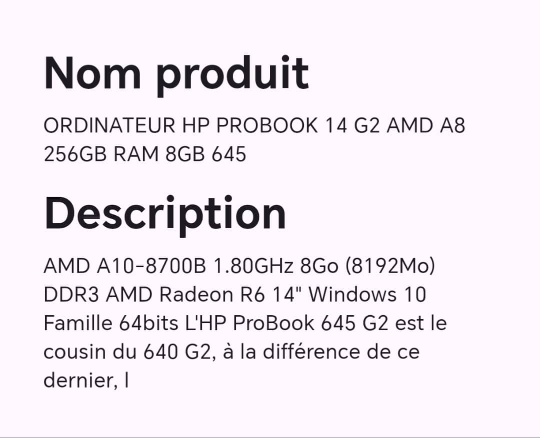 ORDINATEUR HP PROBOOK 14 G2 AMD 18 256GB RAM 8GB 645 ORDINATEUR HP PROBOOK 14 G2 AMD 18 256GB RAM 8GB 645