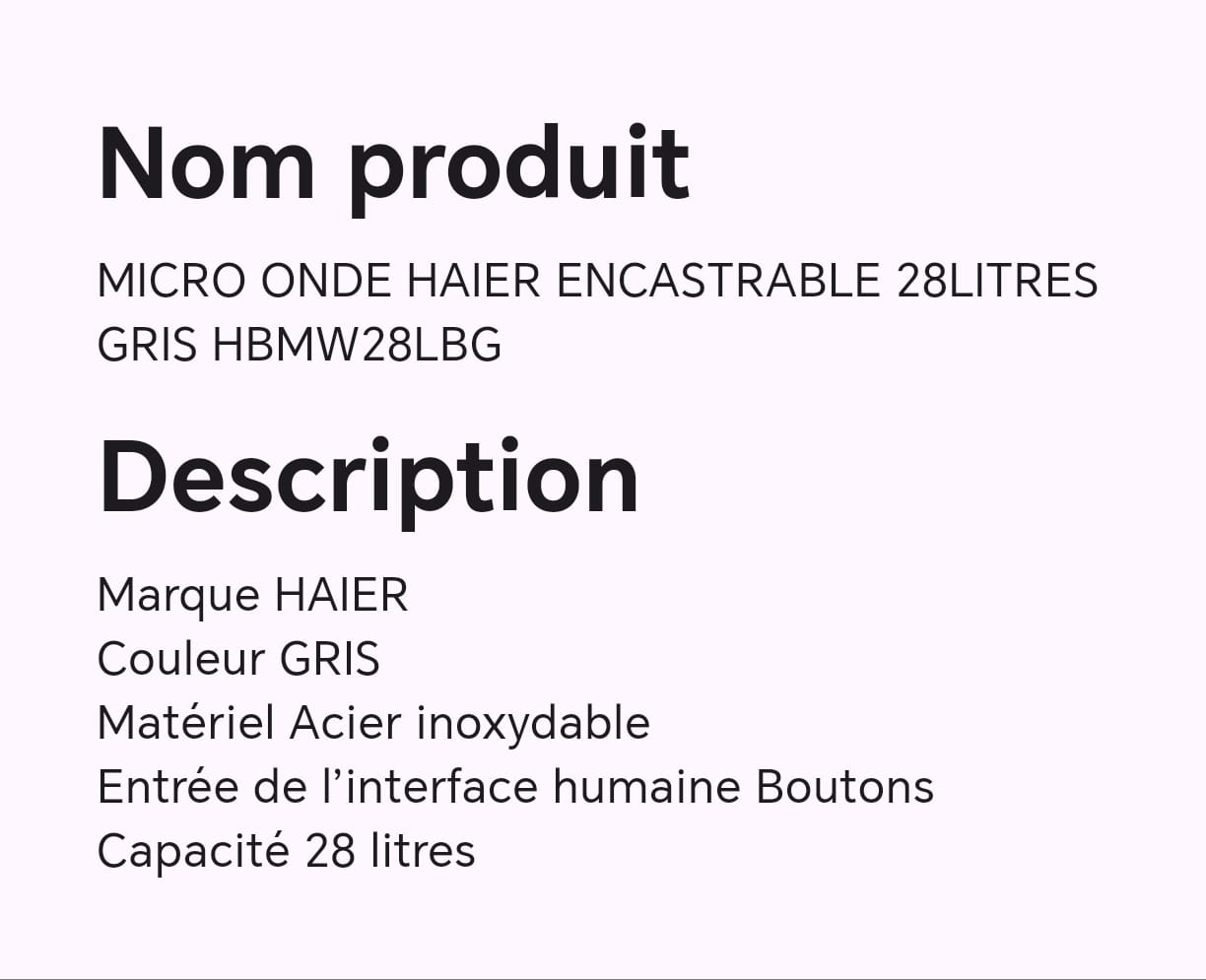 MICRO ONDE HAIER ENCASTRABLE 28LITRES GRIS HBMW28LBG MICRO ONDE HAIER ENCASTRABLE 28LITRES GRIS HBMW28LBG