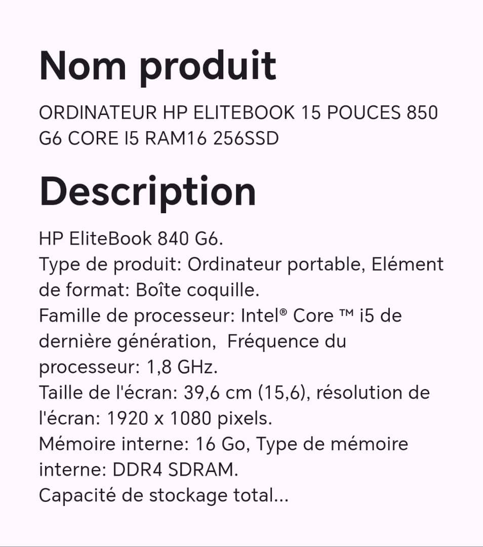 ORDINATEUR HP ELITEBOOK 15 POUCES 850 G6 CORE I5 RAM16 256SSD ORDINATEUR HP ELITEBOOK 15 POUCES 850 G6 CORE I5 RAM16 256SSD