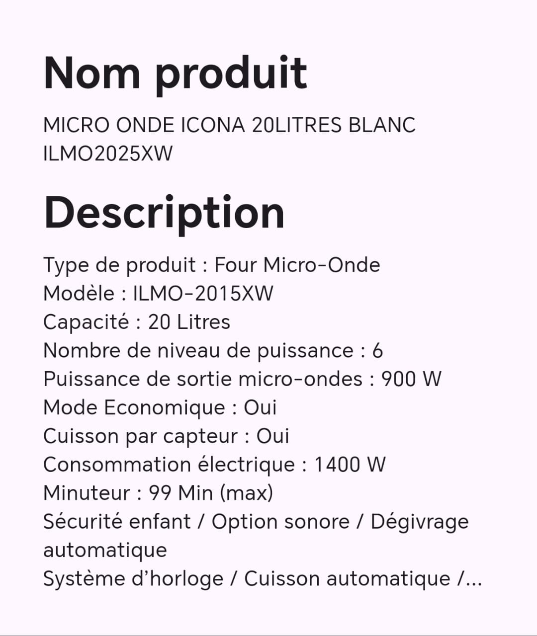 MICRO ONDE ICONA 20LITRES BLANC ILMO2025XW MICRO ONDE ICONA 20LITRES BLANC ILMO2025XW