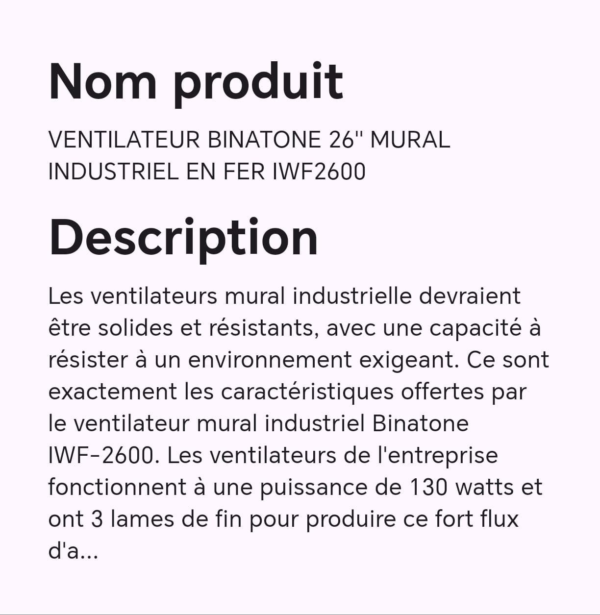 VENTILATEUR BINATONE 26" MURAL INDUSTRIEL EN FER IWF2600 VENTILATEUR BINATONE 26" MURAL INDUSTRIEL EN FER IWF2600