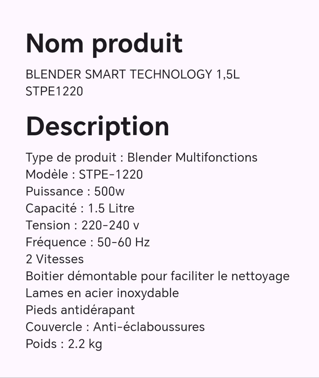 MIXEUR BLENDER SMART TECHNOLOGY 1,5L STPE1220 MIXEUR BLENDER SMART TECHNOLOGY 1,5L STPE1220