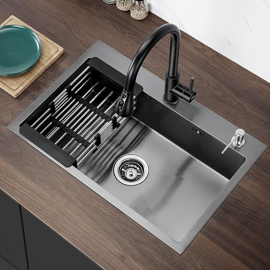 Évier de cuisine à une cuve en acier inoxydable avec égouttoir, à encastrer, dimensions : 60 x 45 (Noir)