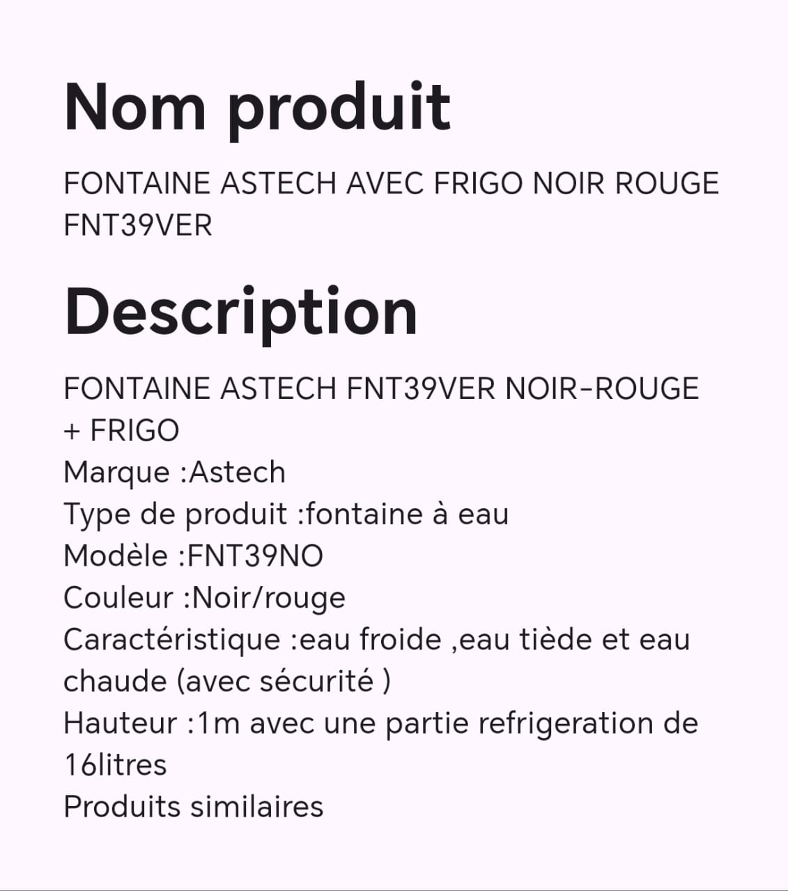 FONTAINE ASTECH AVEC FRIGO NOIR ROUGE FNT39VER FONTAINE ASTECH AVEC FRIGO NOIR ROUGE FNT39VER
