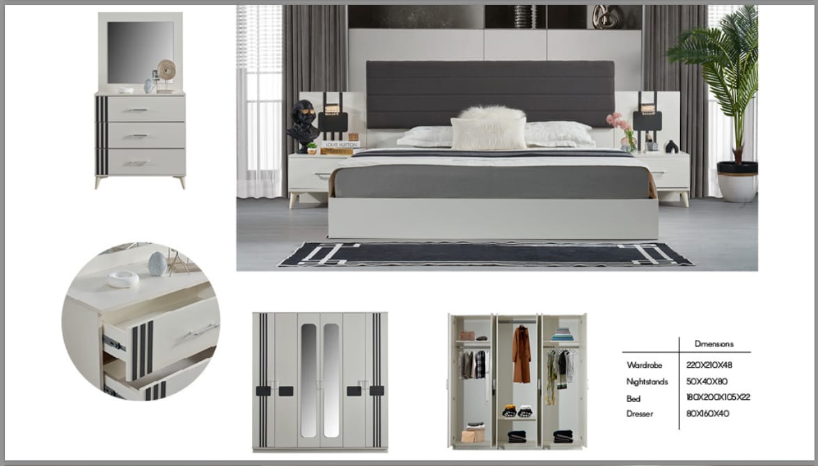 CHAMBRE A COUCHER 6BATTANTS 4PIECES BLANC GRIS LINES CHAMBRE A COUCHER 6BATTANTS 4PIECES BLANC GRIS LINES