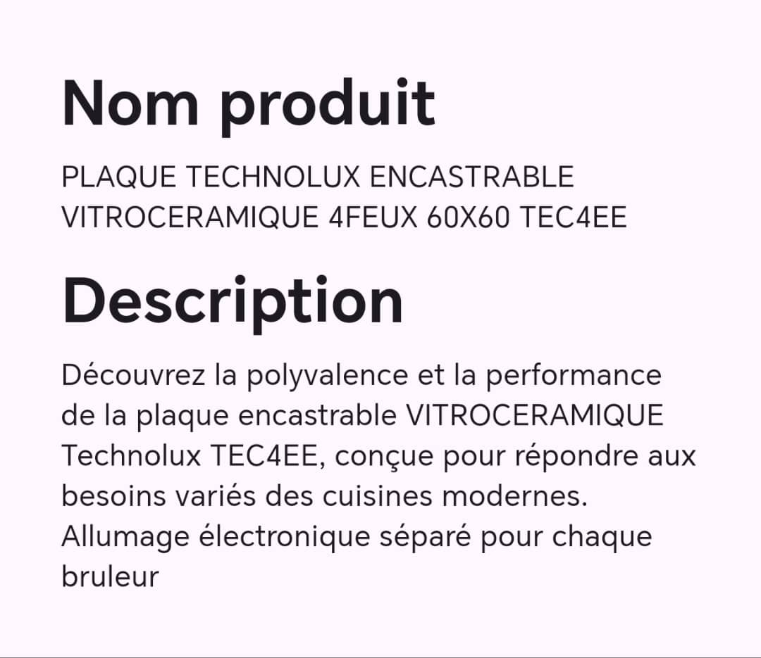PLAQUE TECHNOLUX ENCASTRABLE VITROCERAMIQUE 4FEUX 60X60 TEC4EE PLAQUE TECHNOLUX ENCASTRABLE VITROCERAMIQUE 4FEUX 60X60 TEC4EE