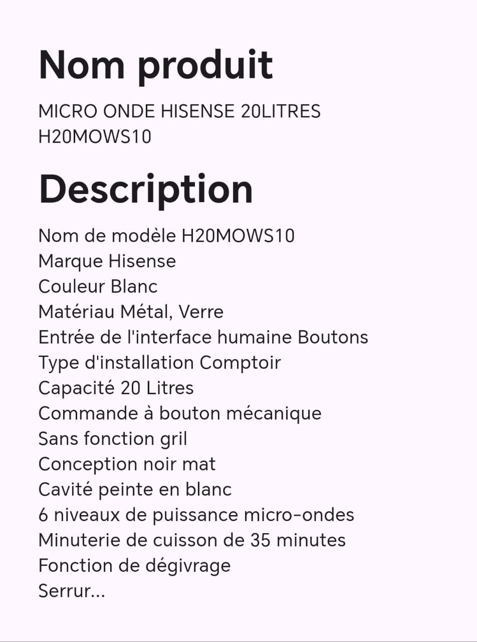 MICRO ONDE HISENSE 20LITRES H20MOWS10 MICRO ONDE HISENSE 20LITRES H20MOWS10