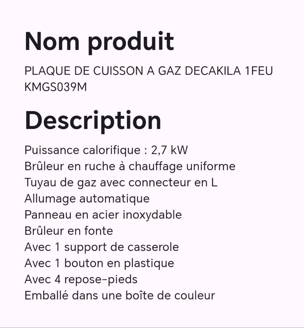 PLAQUE DE CUISSON A GAZ DECAKILA 1FEU KMGS039M PLAQUE DE CUISSON A GAZ DECAKILA 1FEU KMGS039M
