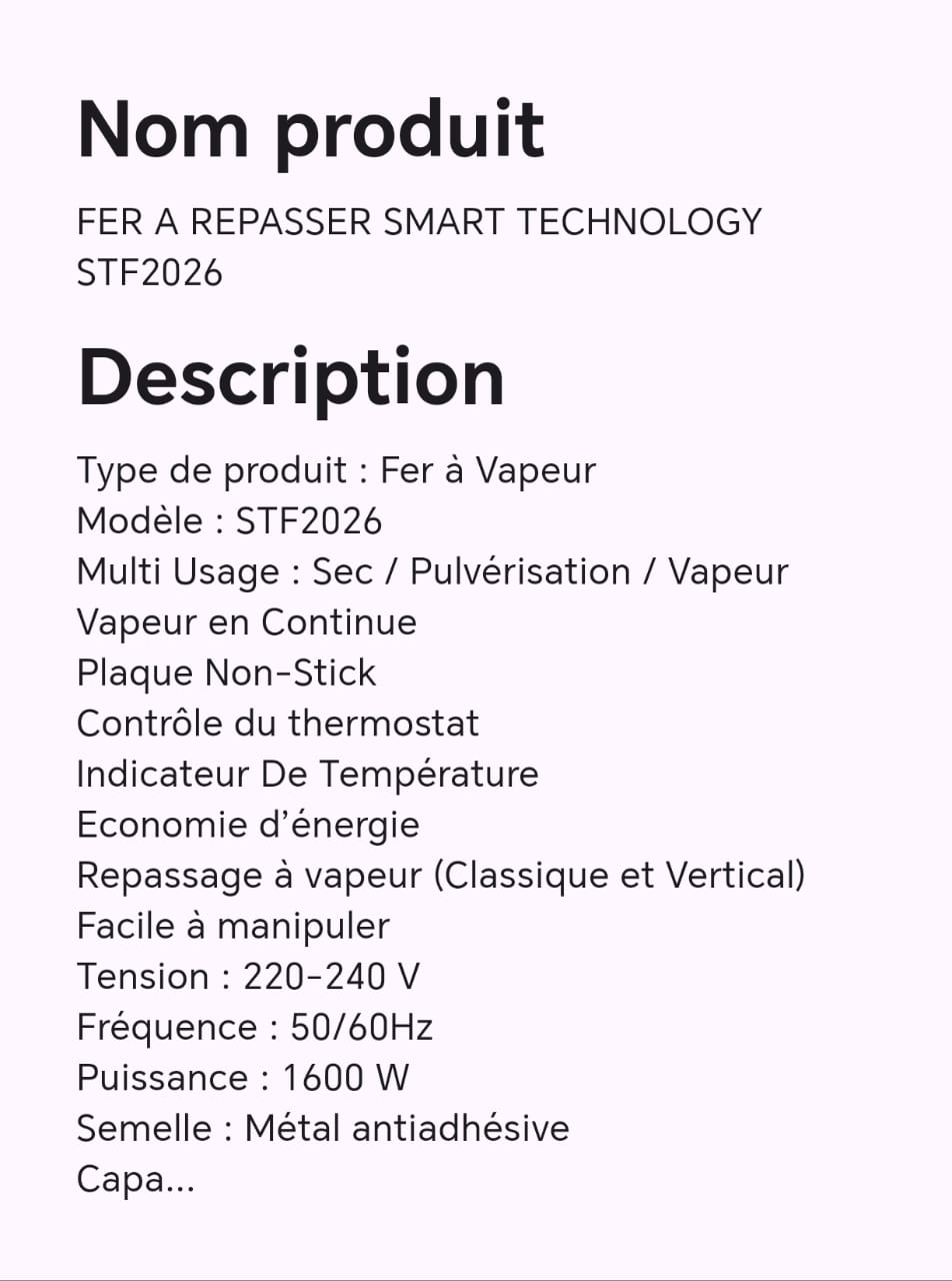 FER A REPASSER SMART TECHNOLOGY STF2026 FER A REPASSER SMART TECHNOLOGY STF2026