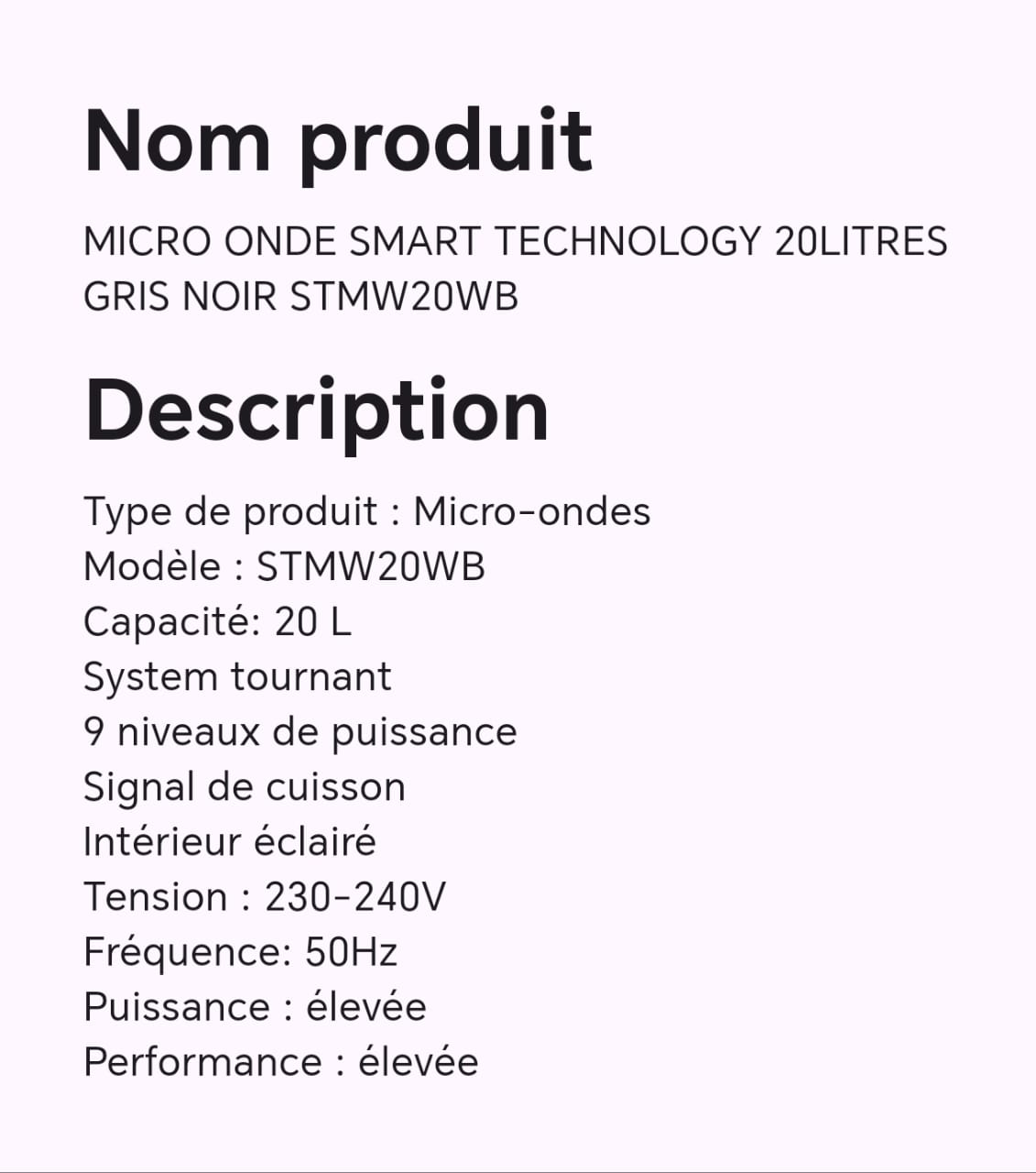 MICRO ONDE SMART TECHNOLOGY 20LITRES GRIS NOIR STMW20WB MICRO ONDE SMART TECHNOLOGY 20LITRES GRIS NOIR STMW20WB