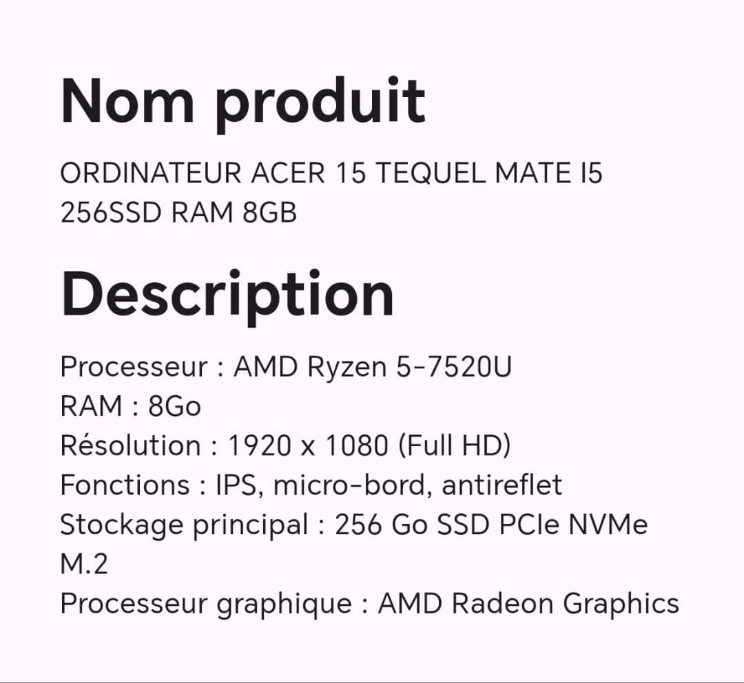 ORDINATEUR ACER 15 TEQUEL MATE I5 256SSD RAM 8GB ORDINATEUR ACER 15 TEQUEL MATE I5 256SSD RAM 8GB