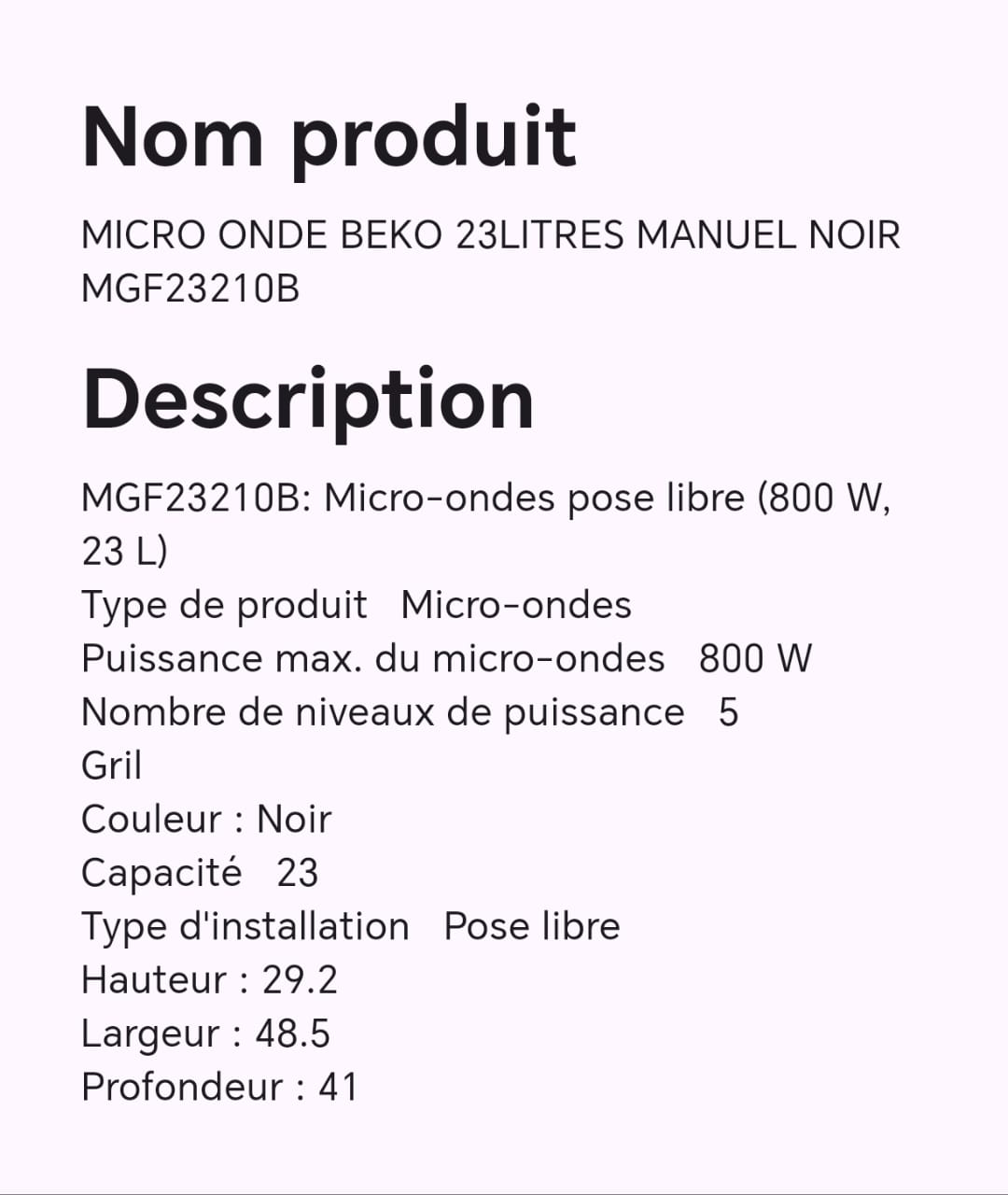 MICRO ONDE BEKO 23LITRES MANUEL NOIR MGF2310B MICRO ONDE BEKO 23LITRES MANUEL NOIR MGF2310B