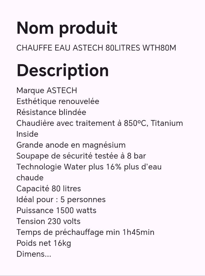 CHAUFFE EAU ASTECH 80LITRES WTH80M CHAUFFE EAU ASTECH 80LITRES WTH80M