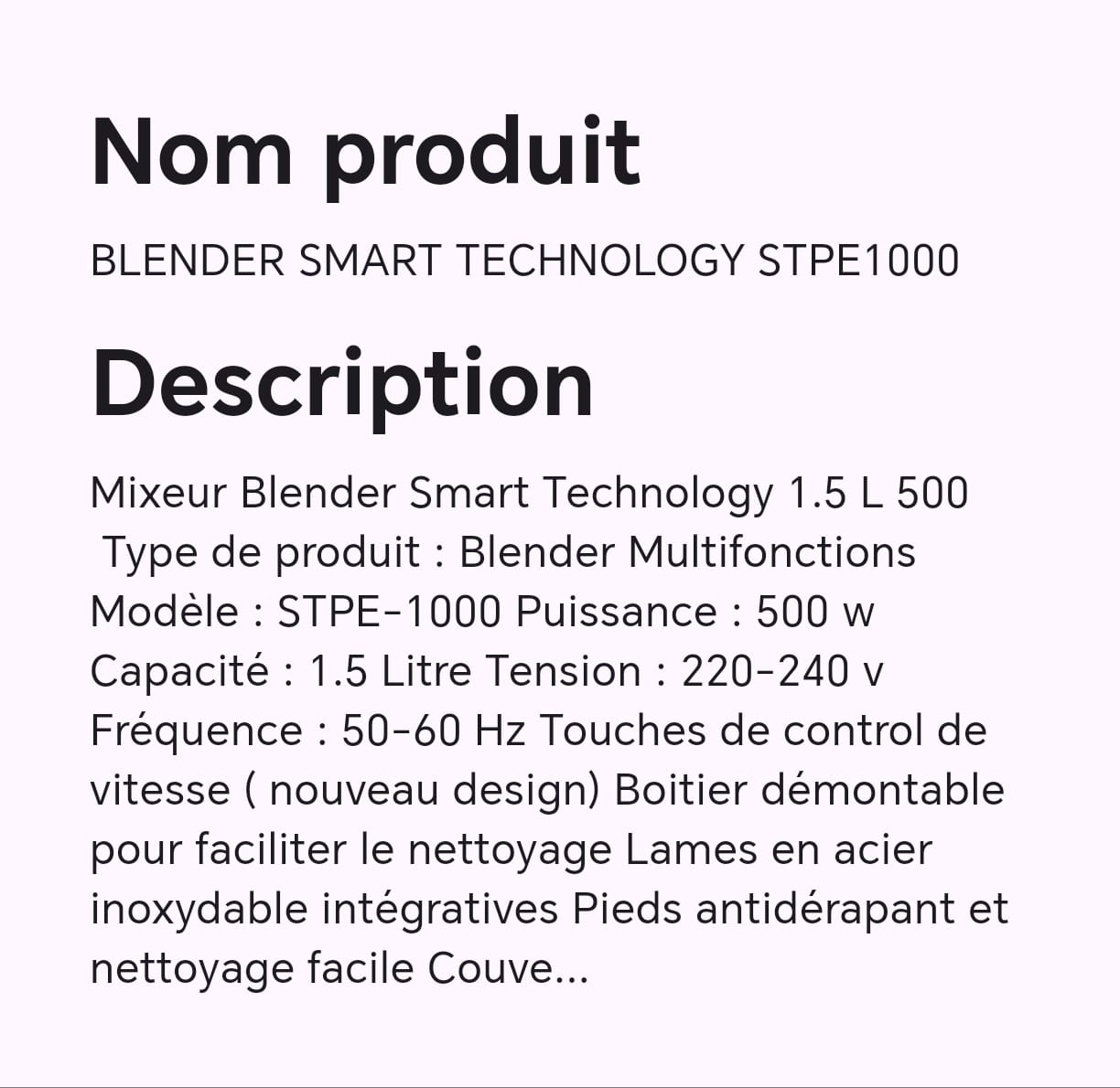 MIXEUR BLENDER SMART TECHNOLOGY STPE1000 MIXEUR BLENDER SMART TECHNOLOGY STPE1000