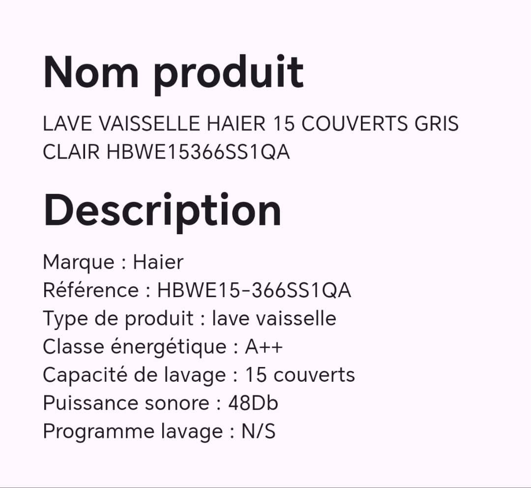 LAVE VAISSELLE HAIER 15 COUVERTS GRIS CLAIR HBWE15366SS1QA LAVE VAISSELLE HAIER 15 COUVERTS GRIS CLAIR HBWE15366SS1QA