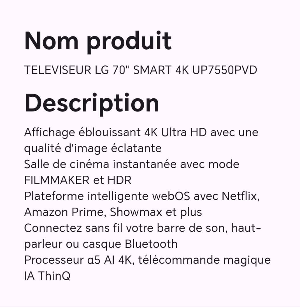 TELEVISEUR LG 70" SMART 4K UP7550PVD TELEVISEUR LG 70" SMART 4K UP7550PVD