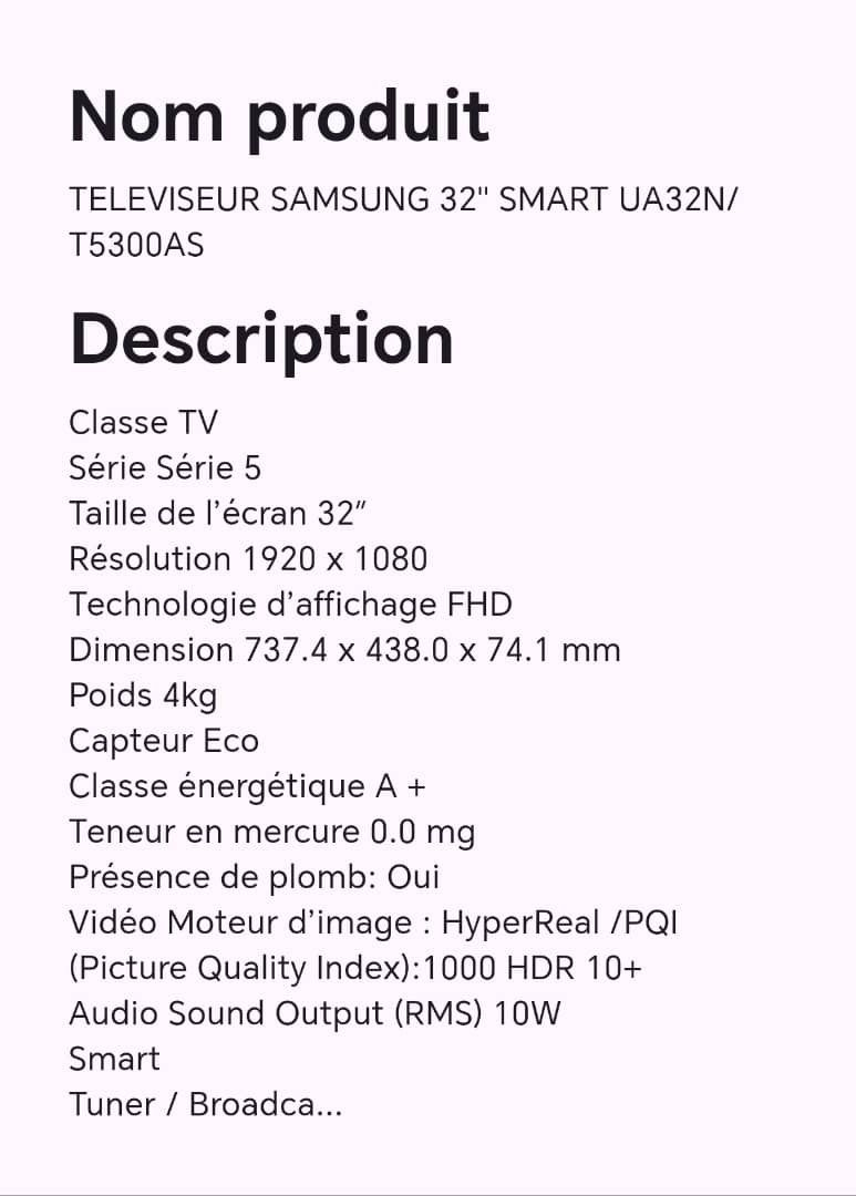 TELEVISEUR SAMSUNG 32" SMART UA32N/T5300AS TELEVISEUR SAMSUNG 32" SMART UA32N/T5300AS