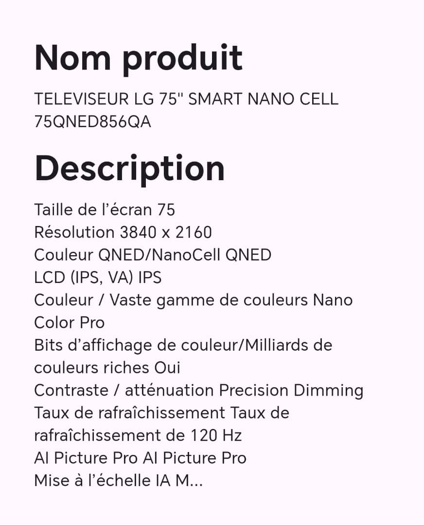 TELEVISEUR LG 75" SMART NANO CELL 75QNED856QA TELEVISEUR LG 75" SMART NANO CELL 75QNED856QA