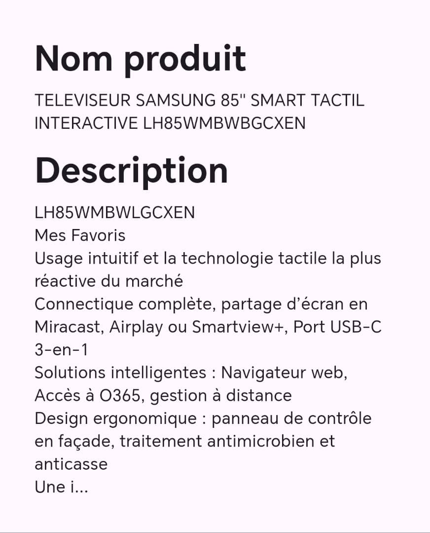 TELEVISEUR SAMSUNG 85" SMART TACTIL INTERACTIVE LH85WMBWBGCXEN TELEVISEUR SAMSUNG 85" SMART TACTIL INTERACTIVE LH85WMBWBGCXEN