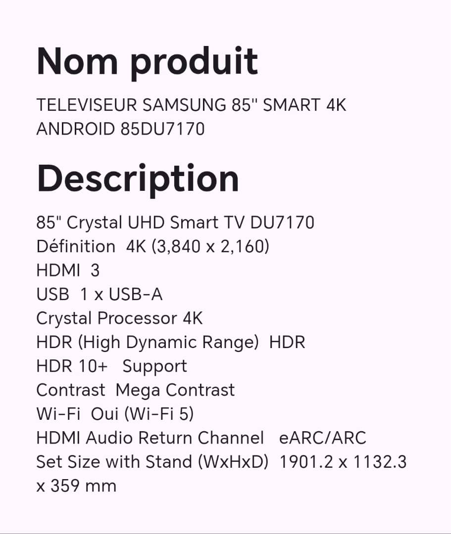 TELEVISEUR SAMSUNG 85" SMART 4K ANDROID 85DU7170 TELEVISEUR SAMSUNG 85" SMART 4K ANDROID 85DU7170