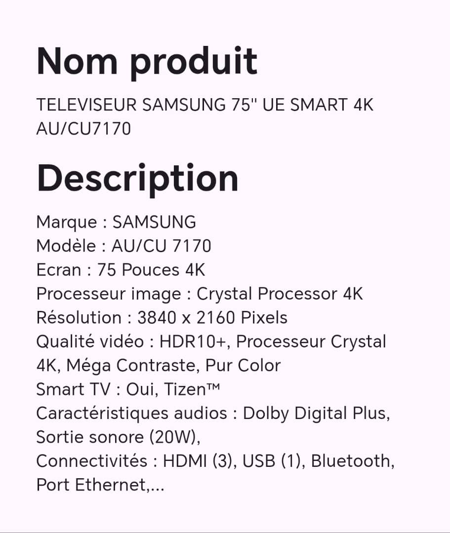TELEVISEUR SAMSUNG 75" UE SMART 4K AU/CU7170 TELEVISEUR SAMSUNG 75" UE SMART 4K AU/CU7170