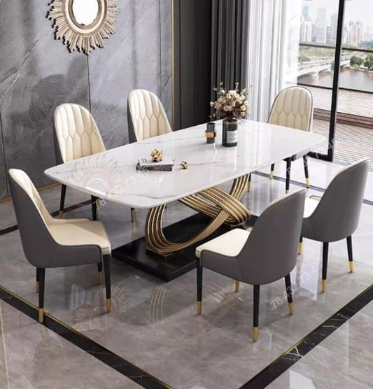 Table A Manger - Marbre Blanc avec Structure en Nœud Doré