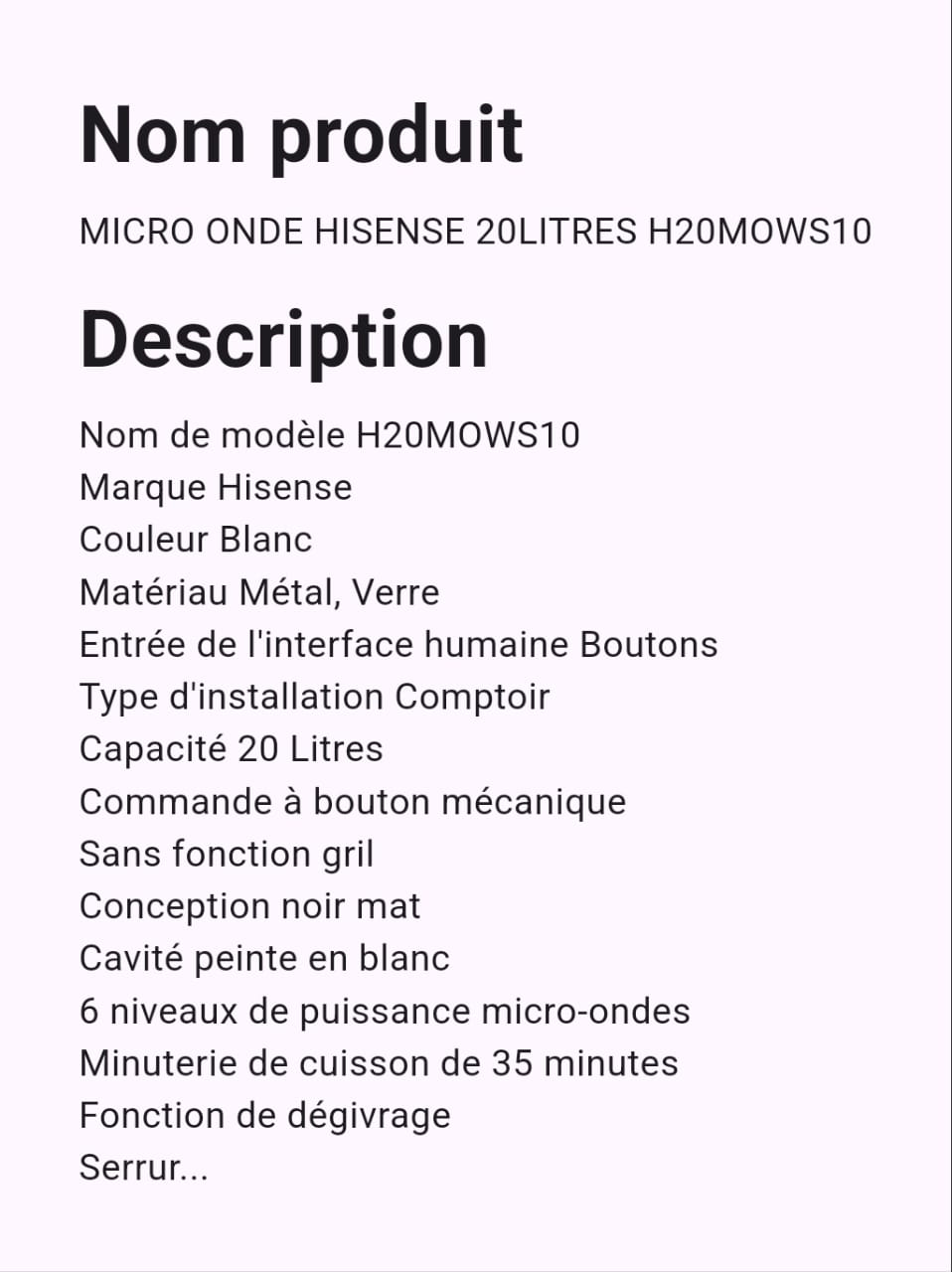 Micro-ondes Hisense 20 Litres Micro-ondes Hisense 20 Litres