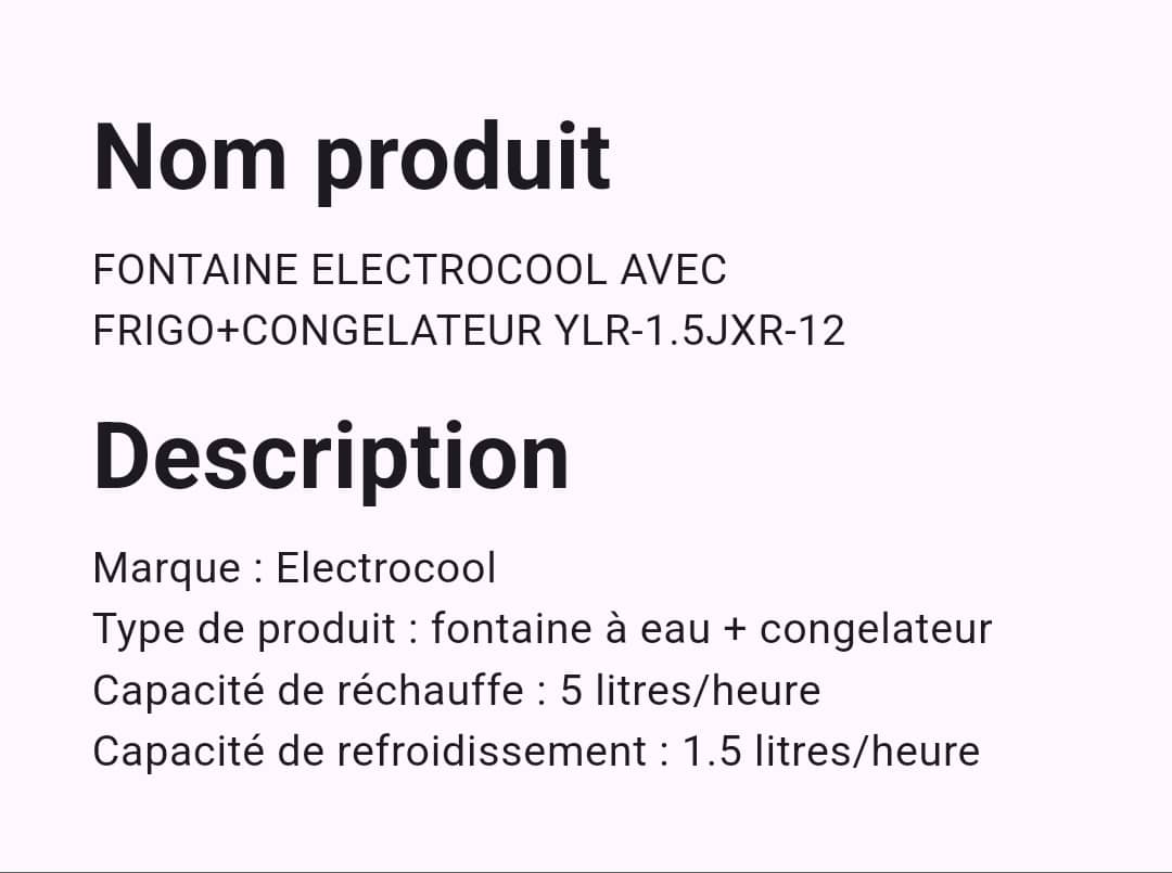 Fontaine Electrocool avec Frigo + CongélateurYLR1.5JXR12 Fontaine Electrocool avec Frigo + CongélateurYLR1.5JXR12