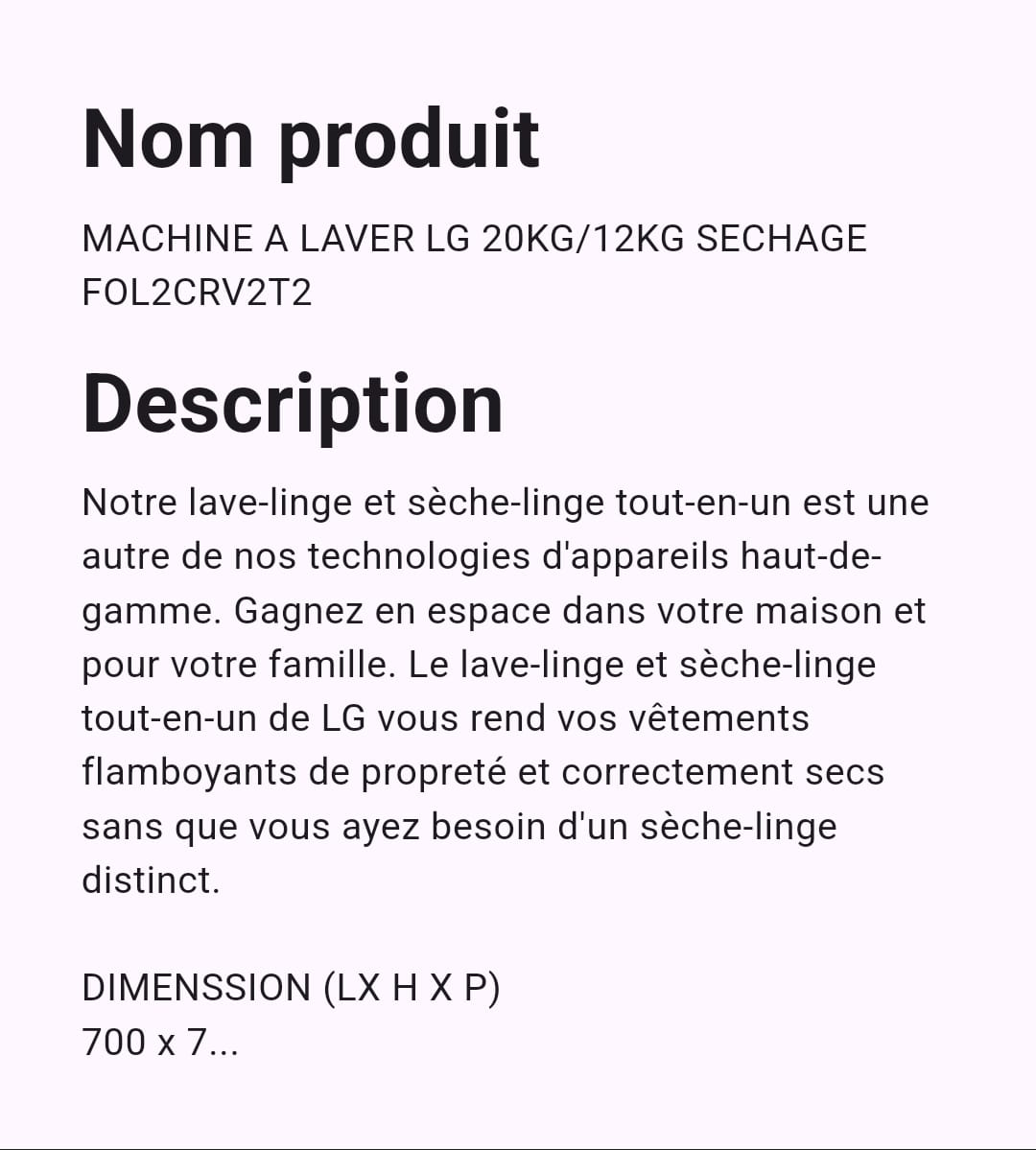 Machine A Laver LG 20 kg Gris / 12 Kg Séchage Machine A Laver LG 20 kg Gris / 12 Kg Séchage