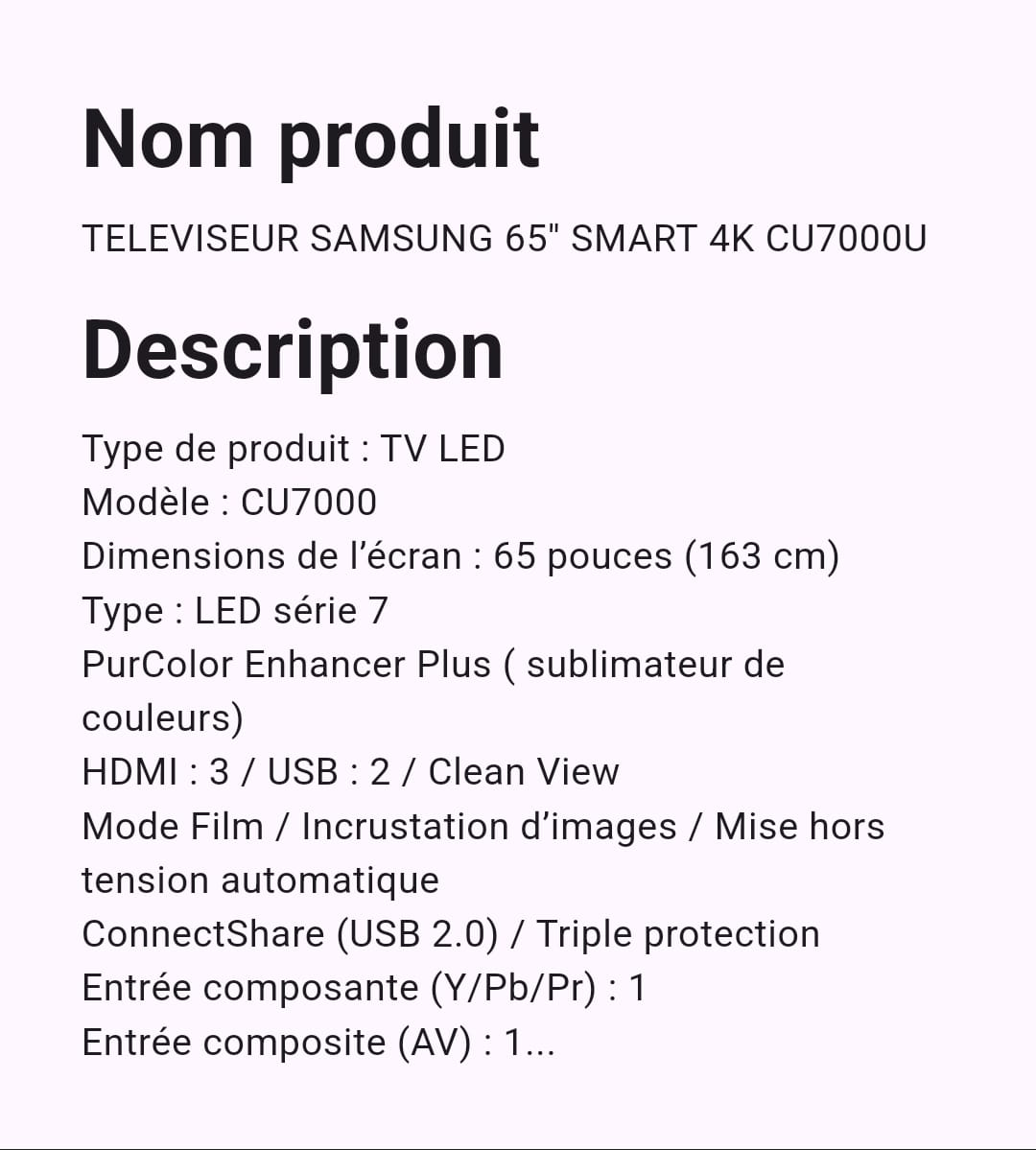 Téléviseur Samsung 65" Smart Téléviseur Samsung 65" Smart