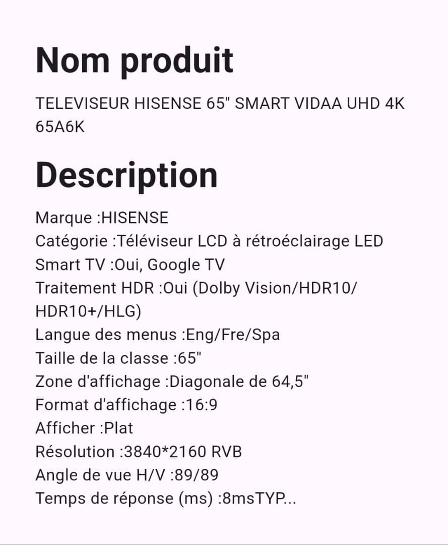 Téléviseur Hisense 65" Smart Android Téléviseur Hisense 65" Smart Android