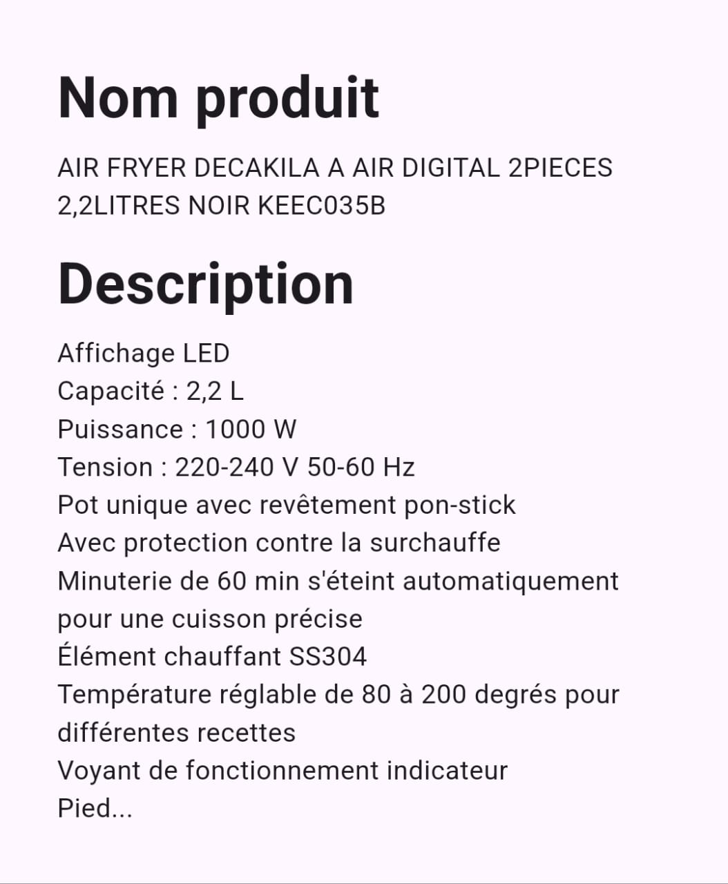 Friteuse A Air Decakila Digital 2 Pièces 2,2 Litres Friteuse A Air Decakila Digital 2 Pièces 2,2 Litres