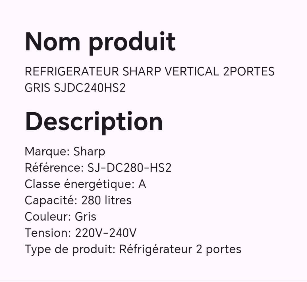 REFRIGERATEUR SHARP VERTICAL 2PORTES GRIS SJDC240HS2 REFRIGERATEUR SHARP VERTICAL 2PORTES GRIS SJDC240HS2