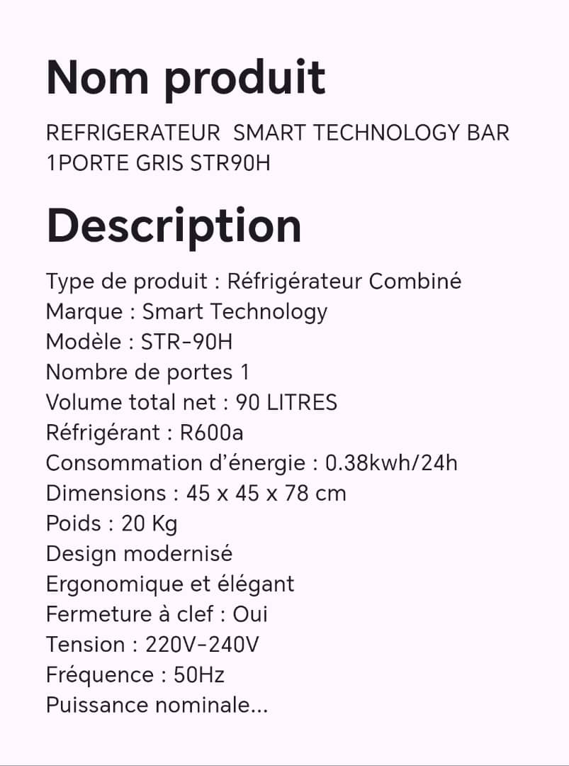 REFRIGERATEUR SMART TECHNOLOGY BAR 1 PORTE GRIS STR90H REFRIGERATEUR SMART TECHNOLOGY BAR 1 PORTE GRIS STR90H