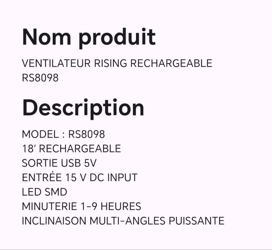 VENTILATEUR RISING RECHARGEABLE RS8098 VENTILATEUR RISING RECHARGEABLE RS8098