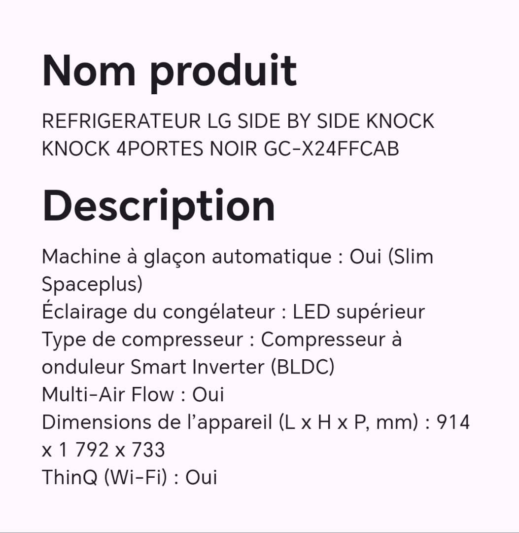 REFRIGERATEUR LG SIDE BY SIDE KNOCK KNOCK 4PORTES NOIR GC-X24FFCAB REFRIGERATEUR LG SIDE BY SIDE KNOCK KNOCK 4PORTES NOIR GC-X24FFCAB