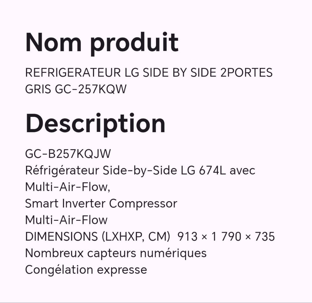 REFRIGERATEUR LG SIDE BY SIDE 2PORTES GRIS GC-257KQW REFRIGERATEUR LG SIDE BY SIDE 2PORTES GRIS GC-257KQW