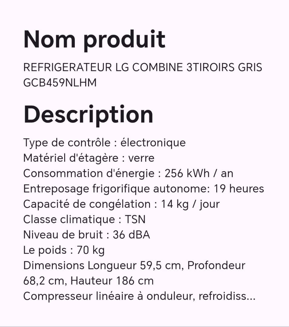 REFRIGERATEUR LG COMBINE 3TIROIRS GRIS GCB459NLHM REFRIGERATEUR LG COMBINE 3TIROIRS GRIS GCB459NLHM