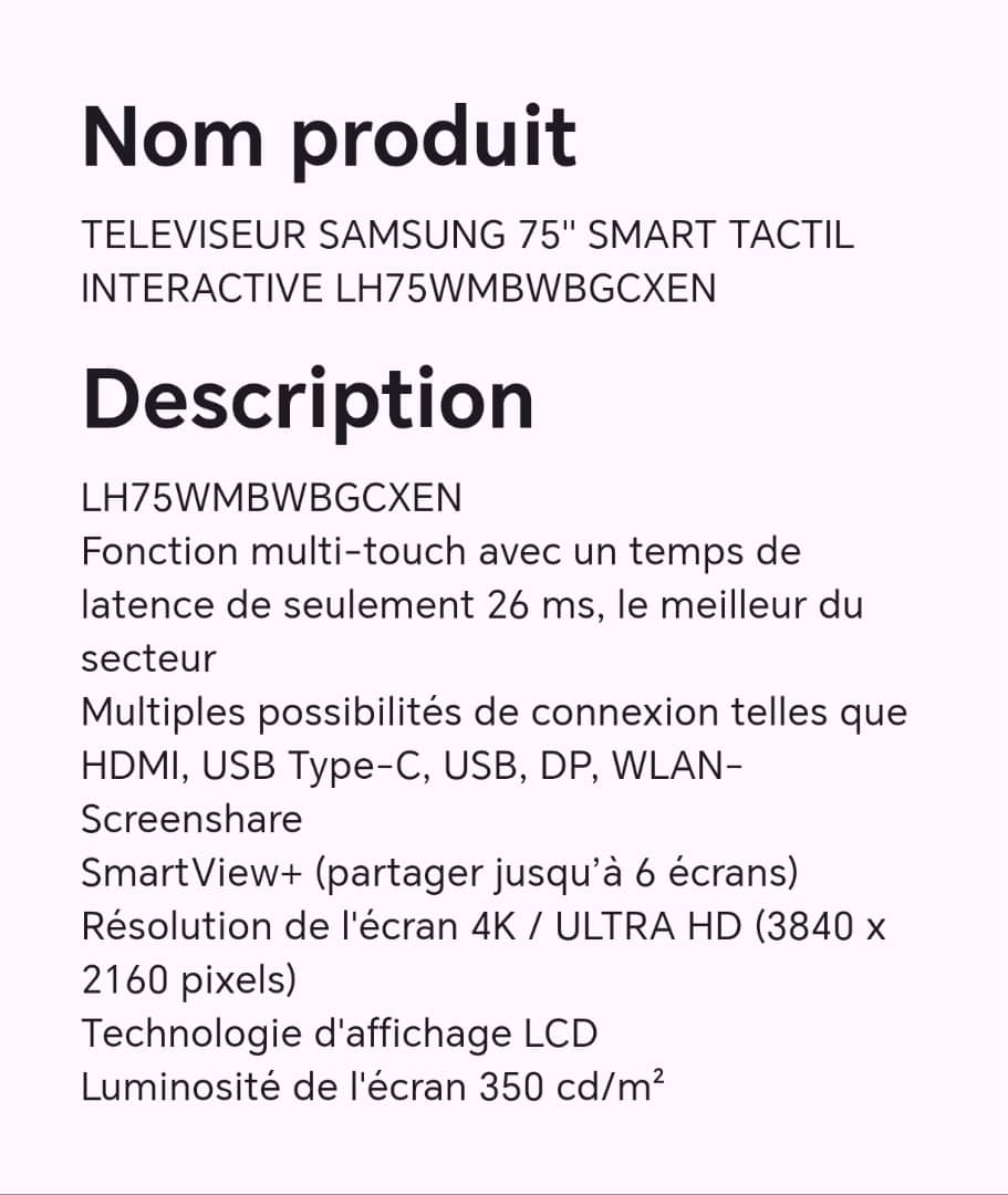 TELEVISEUR SAMSUNG 75" SMART TACTIL INTERACTIVE LH75WMBWBGCXEN TELEVISEUR SAMSUNG 75" SMART TACTIL INTERACTIVE LH75WMBWBGCXEN