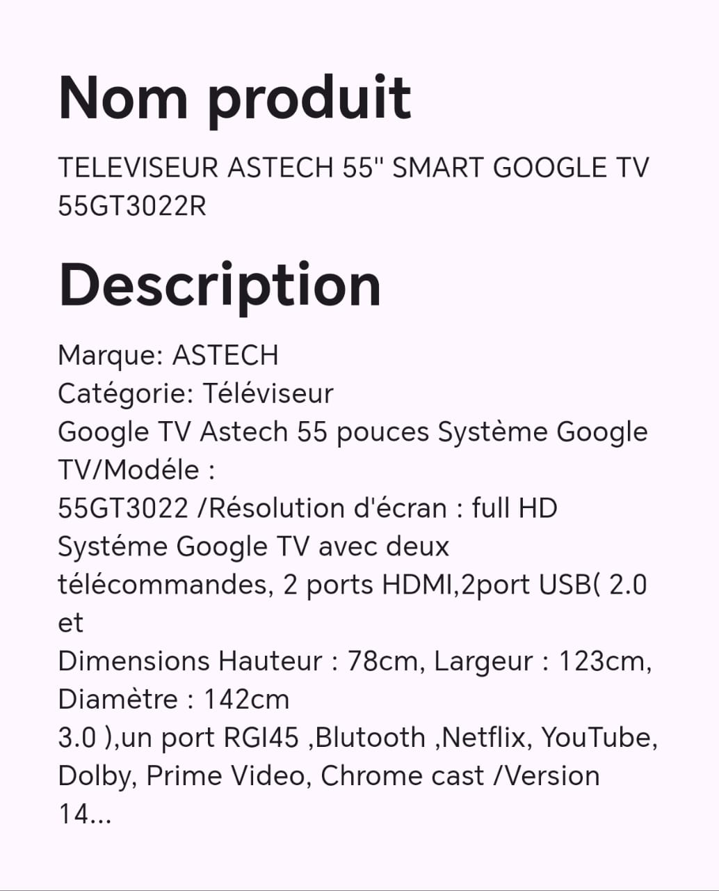 TELEVISEUR ASTECH 55" SMART GOOGLE TV 55GT3022R TELEVISEUR ASTECH 55" SMART GOOGLE TV 55GT3022R