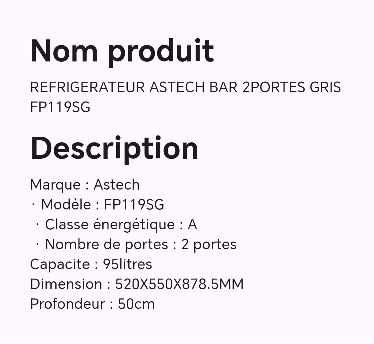Réfrigérateur ASTECH Bar 2portes gris FP119SG Réfrigérateur ASTECH Bar 2portes gris FP119SG